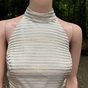 Cache Gold and White Mock Neck Halter Top with Metallic Lines Size 12